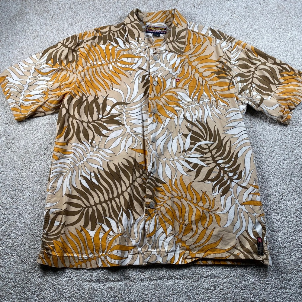 Quiksilver Mens Hawaiian Boardriding Shirt Medium Tan Yellow Tropical Palm FLAW